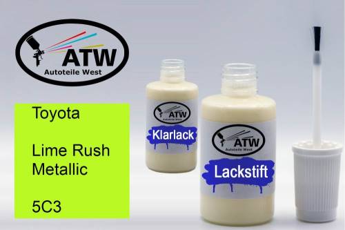 Toyota, Lime Rush Metallic, 5C3: 20ml Lackstift + 20ml Klarlack - Set, von ATW Autoteile West.